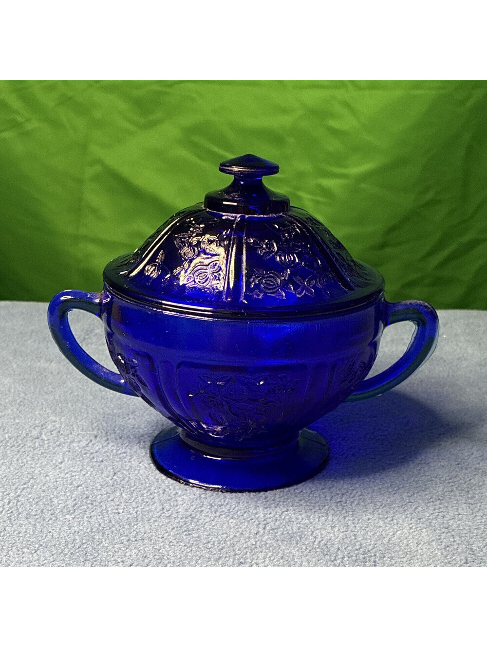 Cobalt Blue Glossy Glass Floral Sugar Bowl w/ Lid & Handles Mid-Century-0070